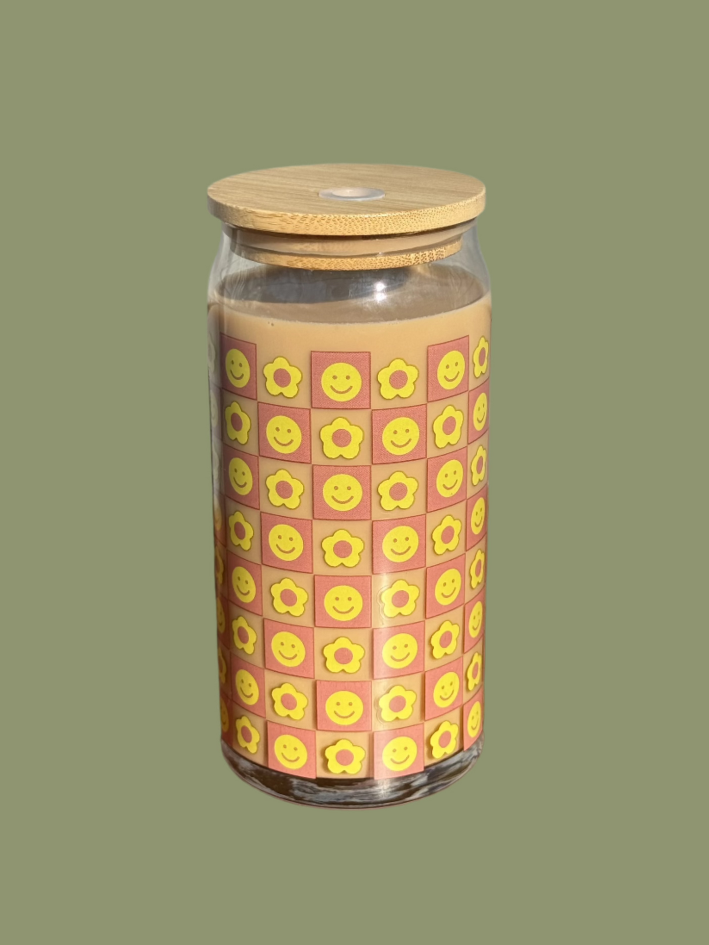 Smiley & Flower Checkered Drinking Glass